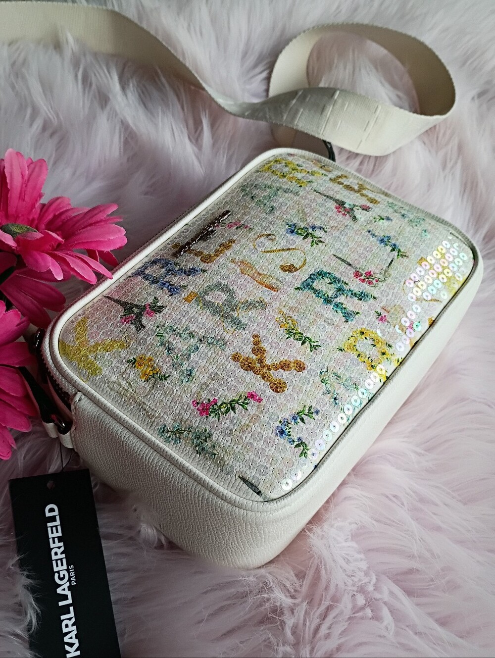 NEW Karl Lagerfeld Paris White Sequin Logo Floral Maybelle Crossbody Bag